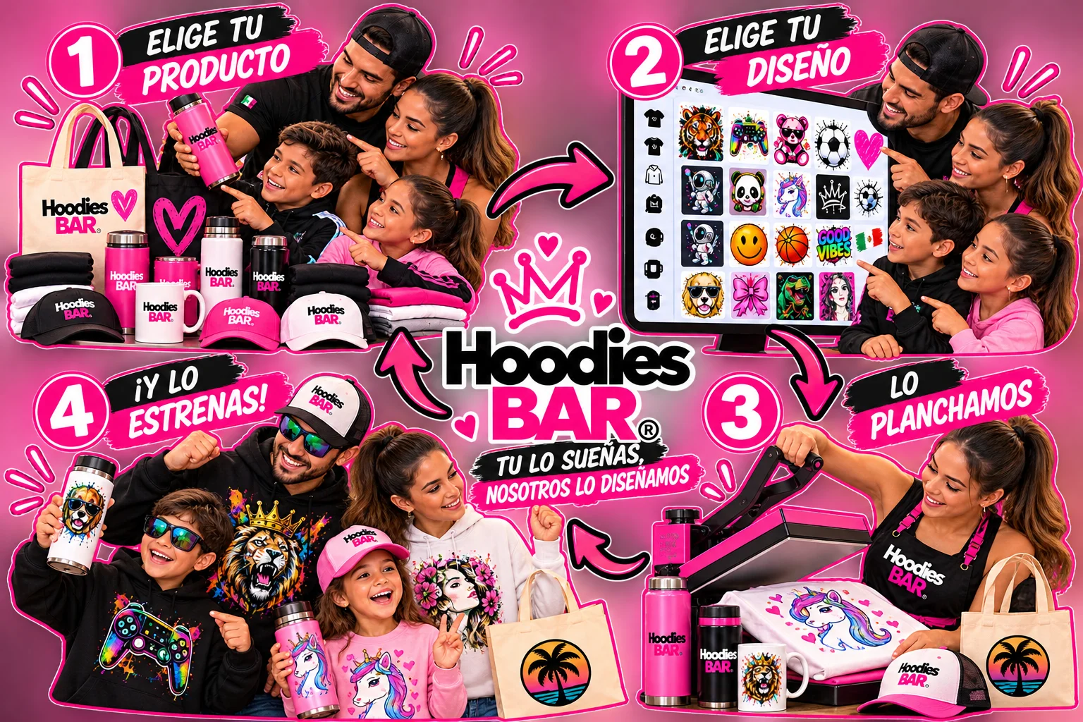 Proceso Hoodies BAR en 4 pasos: 1 elige tu producto, 2 elige tu diseño, 3 lo planchamos, 4 ¡y lo estrenas! Tú lo sueñas, nosotros lo diseñamos.